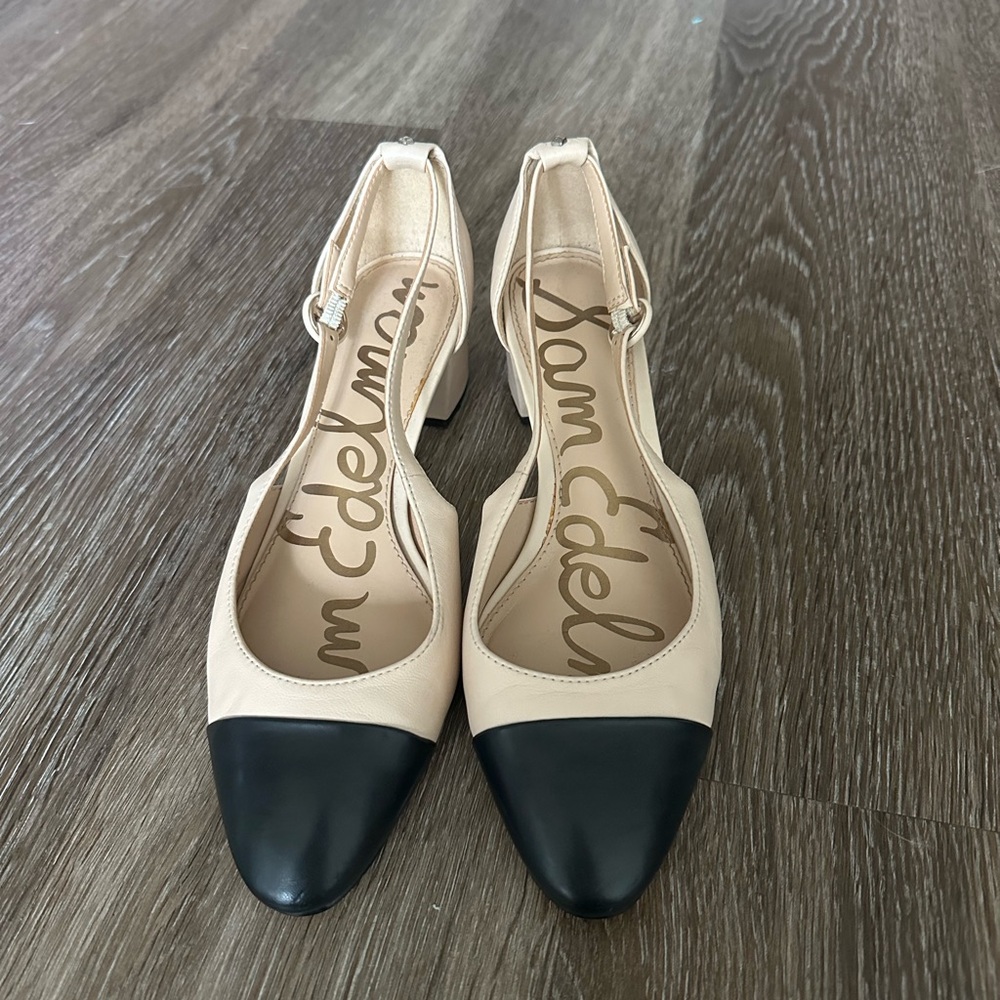 Sam Edelman Two-Tone Beige and Black Closed-Toe Block Heel Pumps